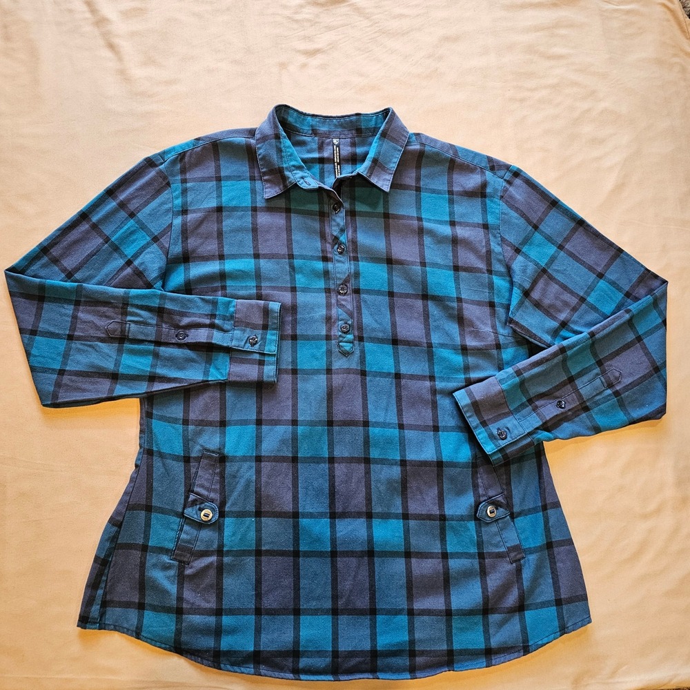 Kuhl Women XL Teal Gray Plaid Flannel Pullover 1/4 Button Long-Sleeve Shirt